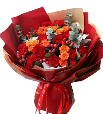 感恩祝福-红色康乃馨12枝，金辉玫瑰12枝