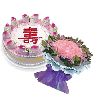 青春永驻，鹤发童颜-50枝粉色康乃馨+奶油双层蛋糕一个