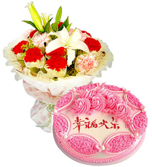 幸福快乐-康乃馨百合花束+8寸鲜奶蛋糕
