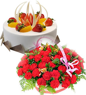 节日祝福-红色康乃馨花篮+8寸鲜奶蛋糕